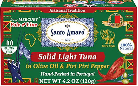 Gourmet Artisanal Pole & Line Wild Caught Tuna Fillets in Virgin Olive Oil & Red Piri Piri Pepper, Beira Style Canned Tuna Hand-Packed Fresh in PORTUGAL
