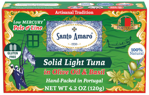 Gourmet Artisanal Pole & Line Wild Caught Tuna Fillets in Virgin Olive Oil & Natural Basil, Venice Style Canned Tuna Hand-Packed Fresh in PORTUGAL