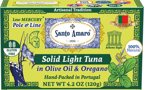 Gourmet Artisanal Pole & Line Wild Caught Tuna Fillets in Virgin Olive Oil & Natural Oregano, Athens Style Canned Tuna Hand-Packed Fresh in PORTUGAL
