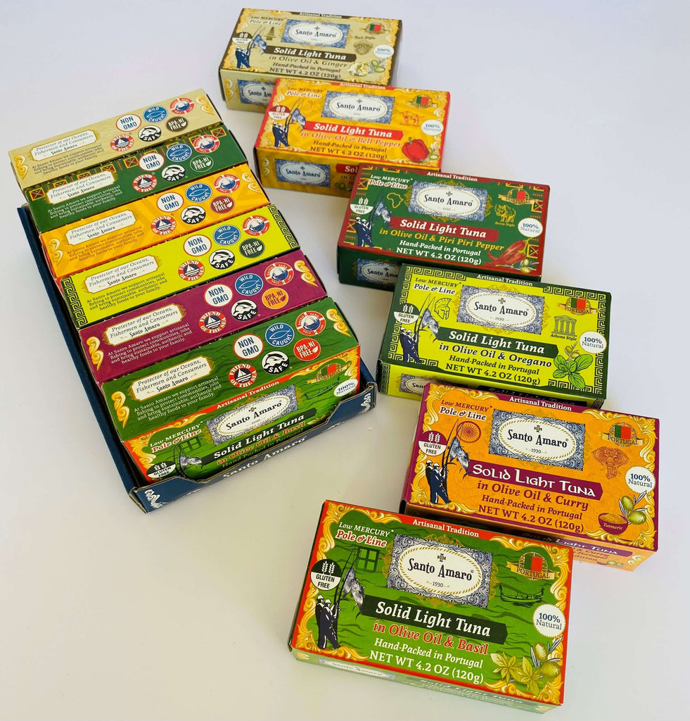 Santo Amaro Pole and Line Tuna Fillets Variety Pack Portuguese Canned Tuna Olive Oil 6 Flavors Best Canned Tuna Portugal