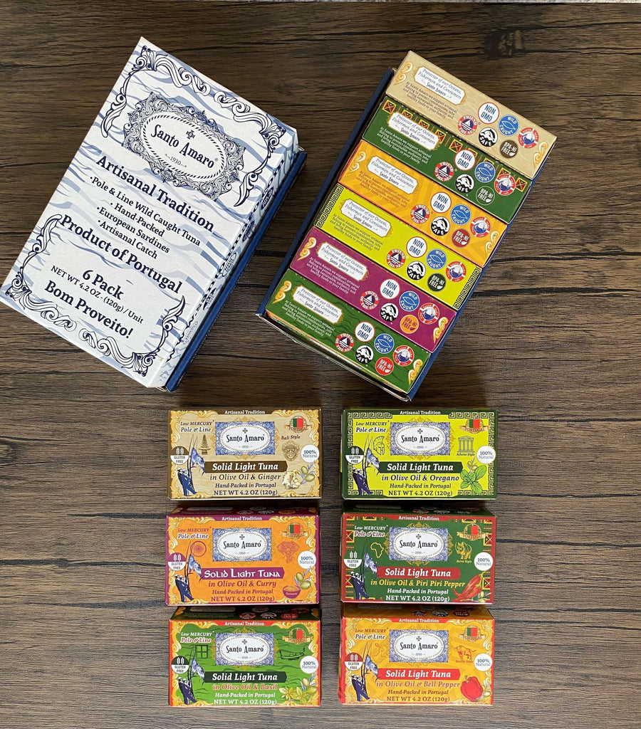 Santo Amaro Pole and Line Tuna Fillets Variety Pack Portuguese Canned Tuna Olive Oil 6 Flavors Best Canned Tuna Portugal