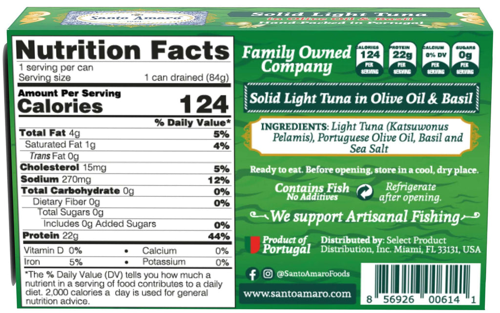 Santo Amaro Pole and Line Tuna Fillets Olive Oil Basil Portuguese Canned Tuna World's Best Tuna Fish Portugal