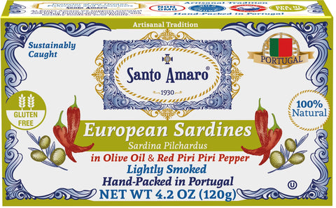 Santo Amaro Canned Sardines in Olive Oil Piri Piri Pepper Lightly Smoked Spicy Portuguese Sardines Wild Caught Portugal