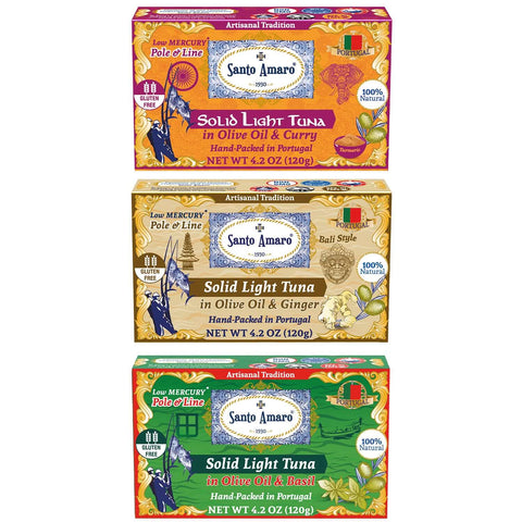 Santo Amaro Pole and Line Tuna Fillets Navigator Variety Pack Portuguese Canned Tuna Olive Oil 3 Flavors Best Tuna Portugal