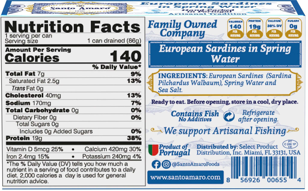 Santo Amaro Canned Sardines in Water Portuguese Sardines Spring Water Best Canned Sardines Wild Caught Sustainable Portugal