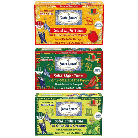 Santo Amaro Pole and Line Tuna Fillets Explorer Variety Pack Portuguese Canned Tuna Olive Oil 3 Flavors Best Tuna Portugal