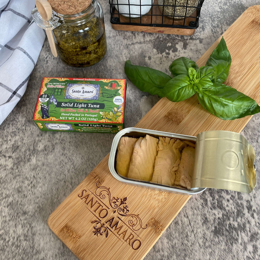Santo Amaro Pole and Line Tuna Fillets Olive Oil Basil Portuguese Canned Tuna World's Best Tuna Fish Portugal