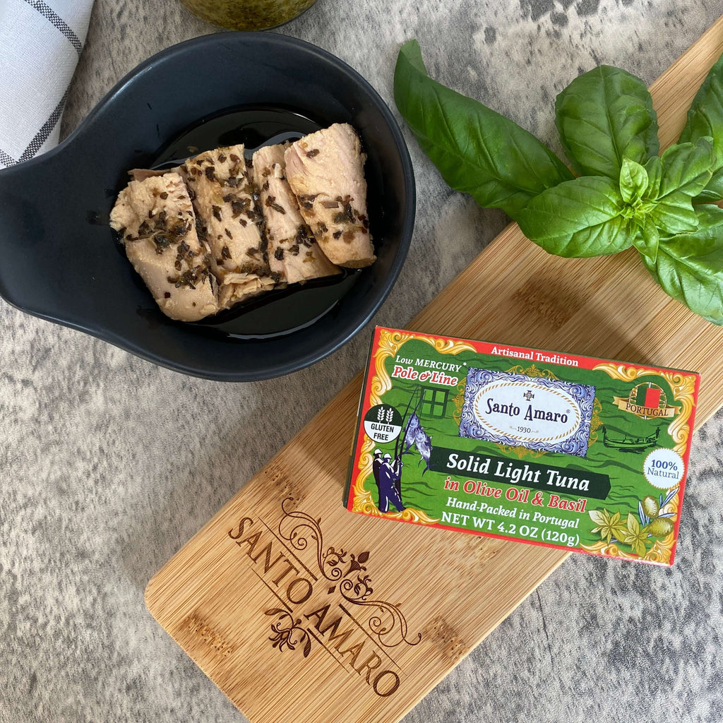 Santo Amaro Pole and Line Tuna Fillets Olive Oil Basil Portuguese Canned Tuna World's Best Tuna Fish Portugal