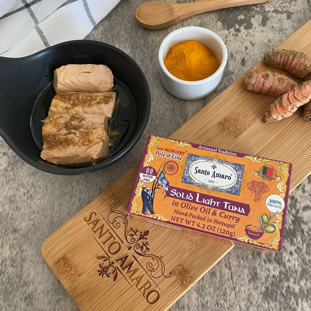 Santo Amaro Pole and Line Tuna Fillets Olive Oil Turmeric Curry Portuguese Canned Tuna World's Best Tuna Fish Portugal
