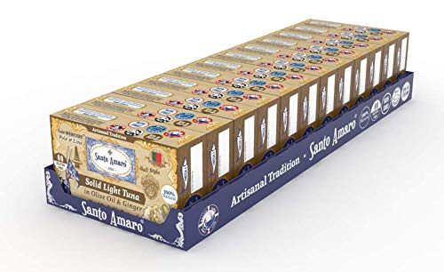 SANTO AMARO Artisanal Wild Tuna in Olive Oil & NATURAL GINGER (12 Pack, 120g Each) BALI STYLE! 100% Natural - GMO FREE - Wild Pole & Line Caught Skipjack - Keto - Paleo - Solid Hand Packed in PORTUGAL