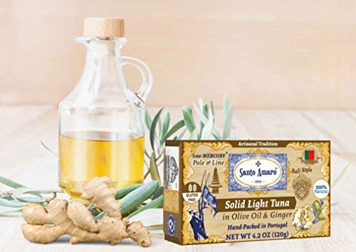 SANTO AMARO Artisanal Wild Tuna in Olive Oil & NATURAL GINGER (12 Pack, 120g Each) BALI STYLE! 100% Natural - GMO FREE - Wild Pole & Line Caught Skipjack - Keto - Paleo - Solid Hand Packed in PORTUGAL