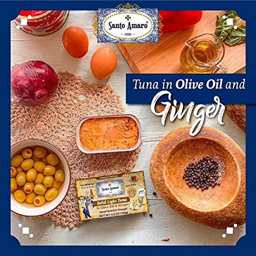 SANTO AMARO Artisanal Wild Tuna in Olive Oil & NATURAL GINGER (12 Pack, 120g Each) BALI STYLE! 100% Natural - GMO FREE - Wild Pole & Line Caught Skipjack - Keto - Paleo - Solid Hand Packed in PORTUGAL