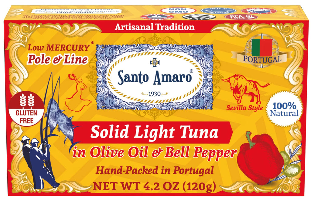 Gourmet Artisanal Pole & Line Wild Caught Tuna Fillets in Virgin Olive Oil & Red Bell Pepper, Sevilla Style Canned Tuna Hand-Packed Fresh in PORTUGAL