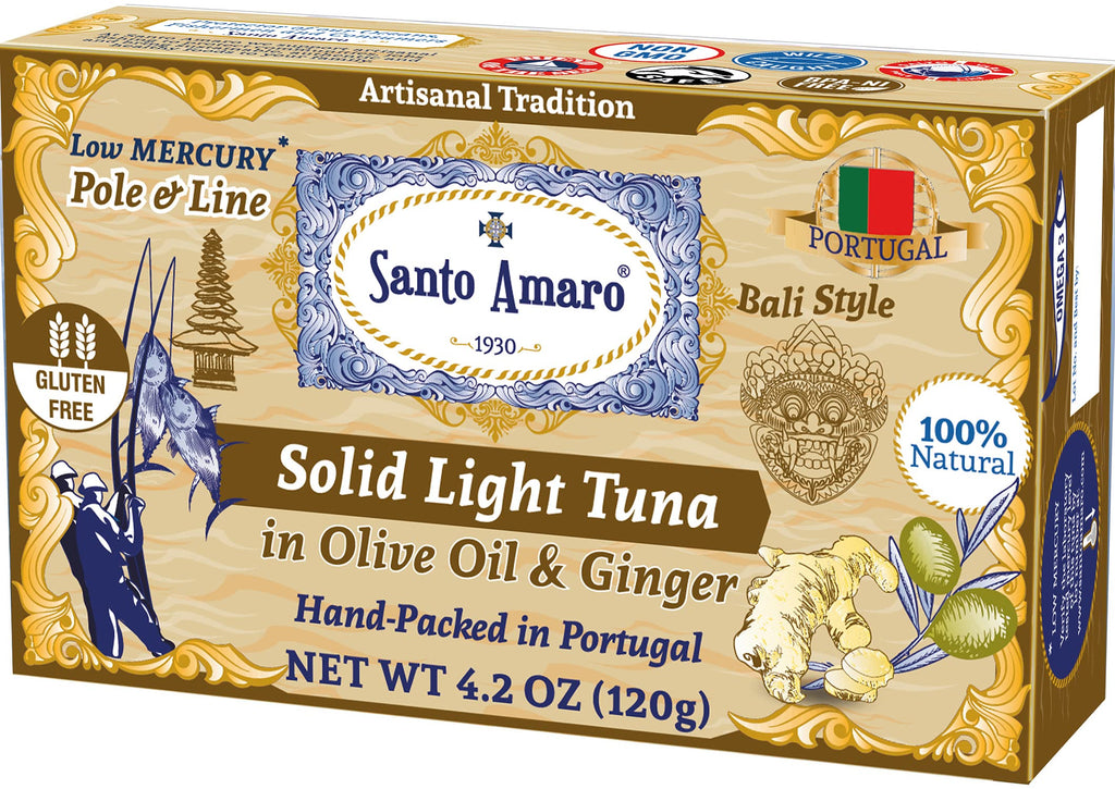 Gourmet Artisanal Pole & Line Wild Caught Tuna Fillets in Virgin Olive Oil & Natural Ginger, Bali Style Canned Tuna Hand-Packed Fresh in PORTUGAL