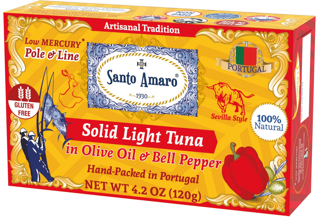 Gourmet Artisanal Pole & Line Wild Caught Tuna Fillets in Virgin Olive Oil & Red Bell Pepper, Sevilla Style Canned Tuna Hand-Packed Fresh in PORTUGAL