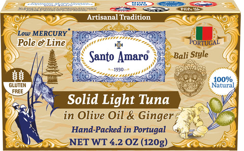 Gourmet Artisanal Pole & Line Wild Caught Tuna Fillets in Virgin Olive Oil & Natural Ginger, Bali Style Canned Tuna Hand-Packed Fresh in PORTUGAL