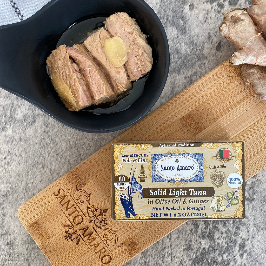 Gourmet Artisanal Pole & Line Wild Caught Tuna Fillets in Virgin Olive Oil & Natural Ginger, Bali Style Canned Tuna Hand-Packed Fresh in PORTUGAL