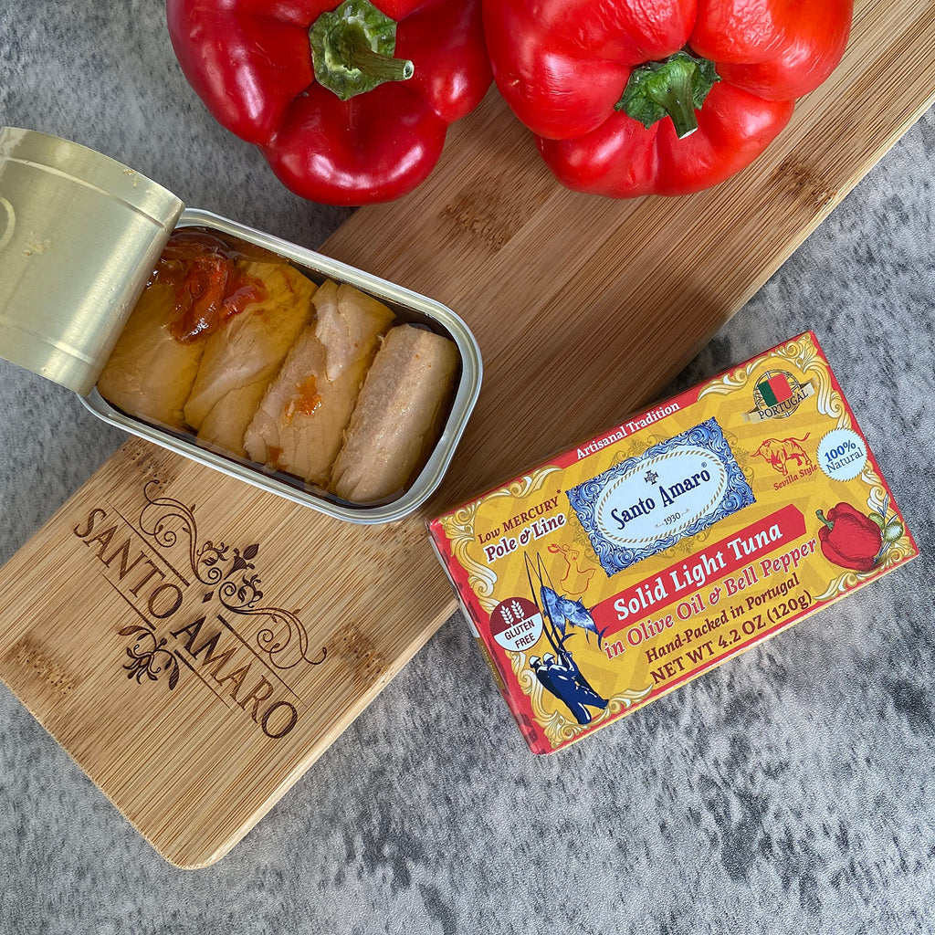 Gourmet Artisanal Pole & Line Wild Caught Tuna Fillets in Virgin Olive Oil & Red Bell Pepper, Sevilla Style Canned Tuna Hand-Packed Fresh in PORTUGAL