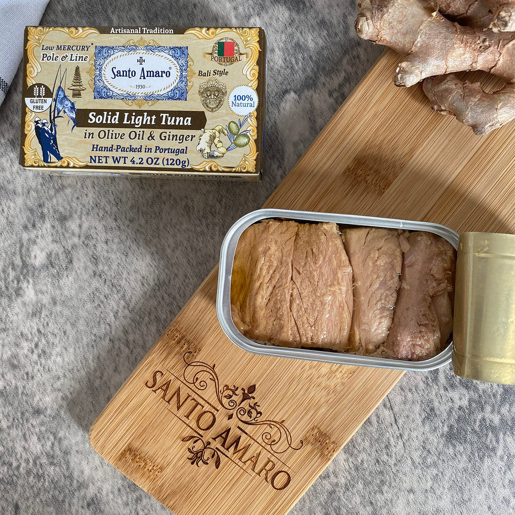 Gourmet Artisanal Pole & Line Wild Caught Tuna Fillets in Virgin Olive Oil & Natural Ginger, Bali Style Canned Tuna Hand-Packed Fresh in PORTUGAL