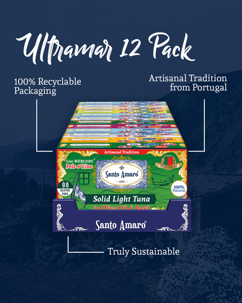 Gourmet Artisanal Pole & Line Wild Tuna Variety Pack Sampler - Ultramar - 8 Flavors - Ginger - Turmeric Curry - Basil - Oregano - Spicy Piri Piri - Bell Pepper - Olive Oil - Spring Water Hand Packed Fresh in Portugal