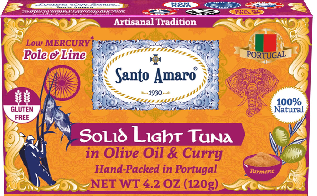 Santo Amaro Pole and Line Tuna Fillets Olive Oil Turmeric Curry Portuguese Canned Tuna World's Best Tuna Fish Portugal