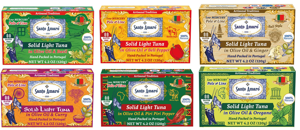 Santo Amaro Pole and Line Tuna Fillets Variety Pack Portuguese Canned Tuna Olive Oil 6 Flavors Best Canned Tuna Portugal