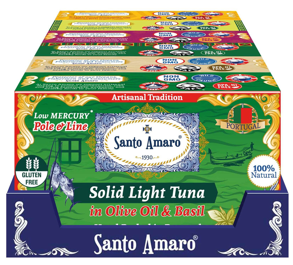Santo Amaro Pole and Line Tuna Fillets Variety Pack Portuguese Canned Tuna Olive Oil 6 Flavors Best Canned Tuna Portugal