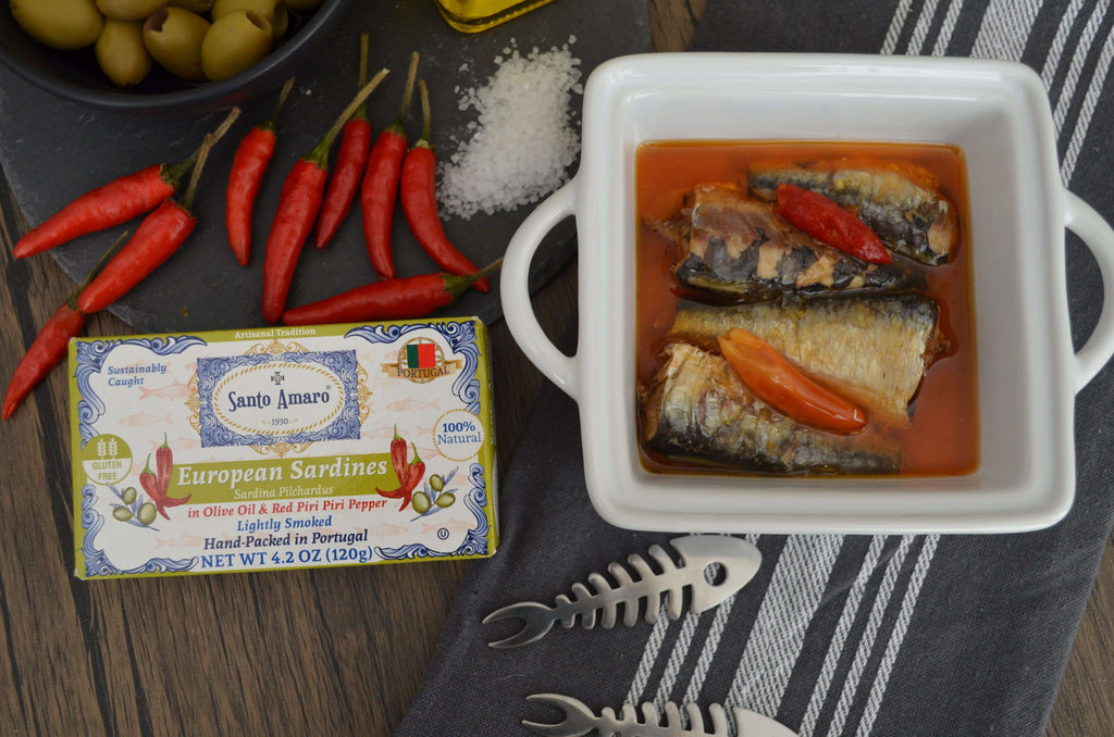 Santo Amaro Canned Sardines in Olive Oil Piri Piri Pepper Lightly Smoked Spicy Portuguese Sardines Wild Caught Portugal