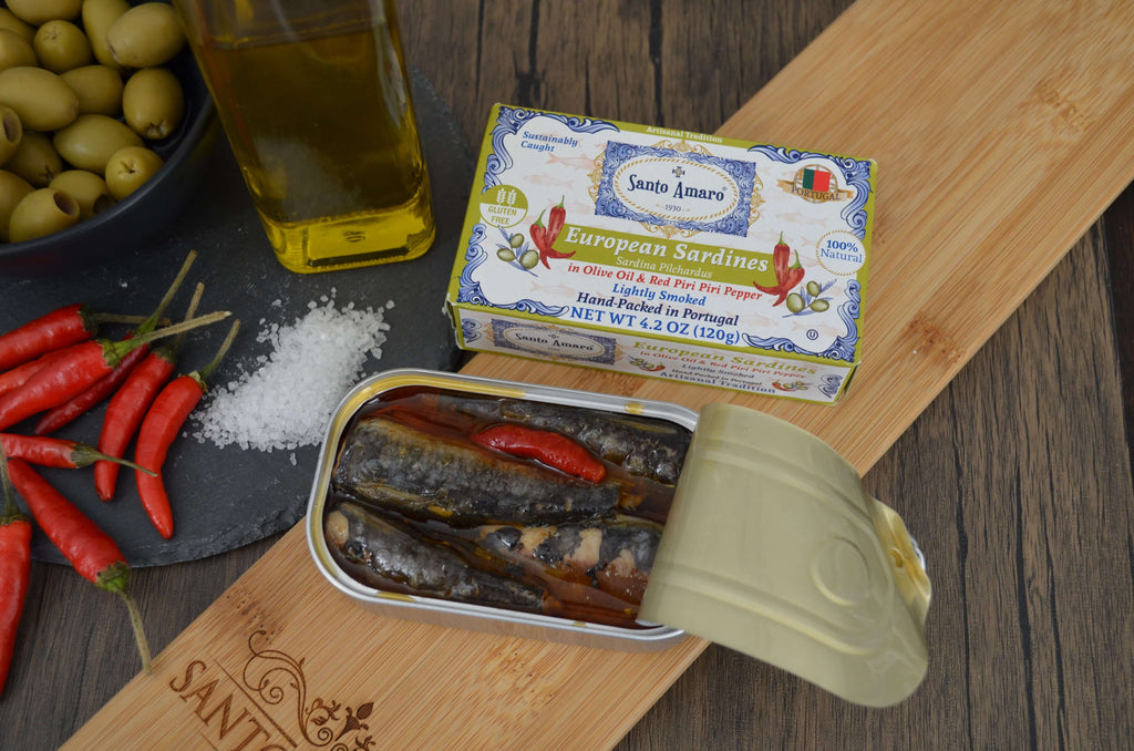 Santo Amaro Canned Sardines in Olive Oil Piri Piri Pepper Lightly Smoked Spicy Portuguese Sardines Wild Caught Portugal